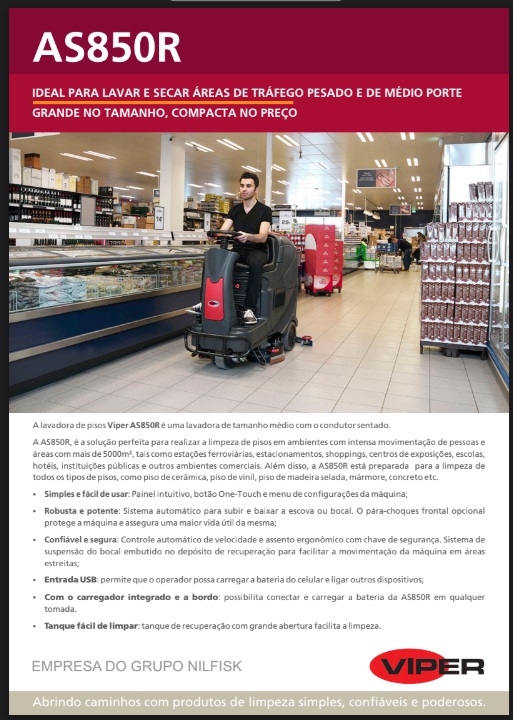 Folheto Técnico Lavadora Secadora de Pisos Tripulada Viper AS850