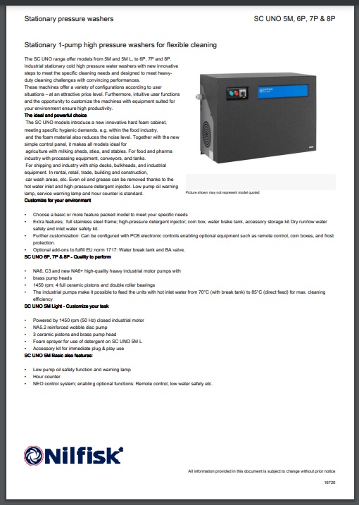Manual de Peças Central de alta Pressão Água Fria Nilfisk SC UNO